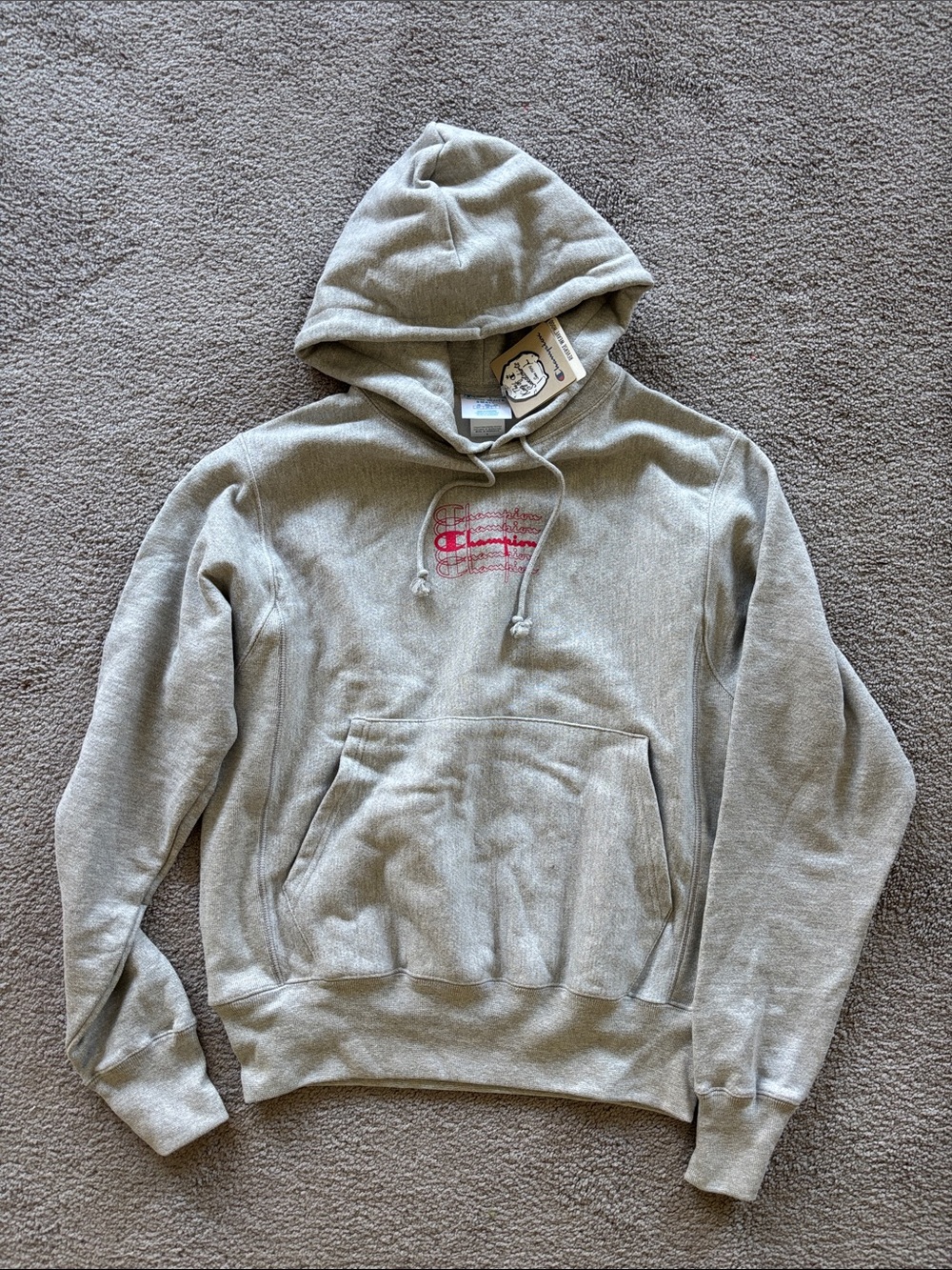 NWT! Champion Light Gray Hoodie with Pink Logo Embroidery